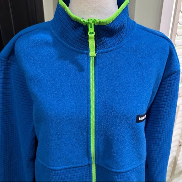 Lands’ End Full Zip Grid Fleece Jacket – Blue with Neon Green Trim, Size L - Picture 2 of 12